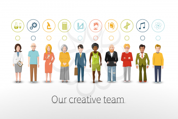 Our creative team of ten people with occupations icons on white background