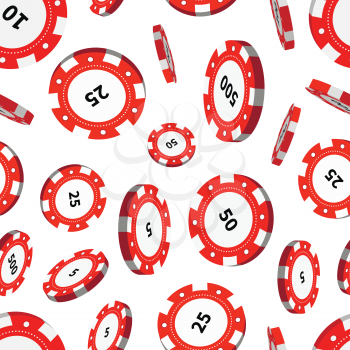 Red casino chips in air isolated on white seamless pattern