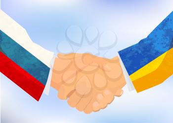 Russia and Ukraine handshake, concept illustration on blue sky background