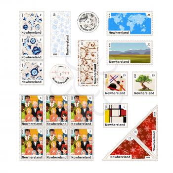 Set of different stamps with illustrations and the price of an imaginary country