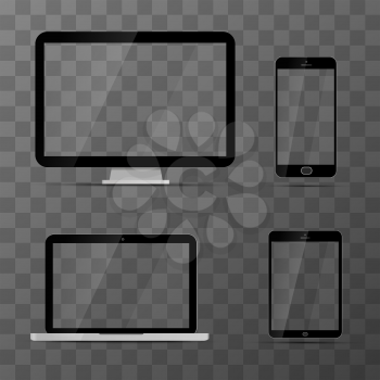 Set of glossy transparent mockups of monitor, laptop, black tablet and smartphone