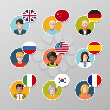 Set of nine colorful user avatars with different language speech bubbles