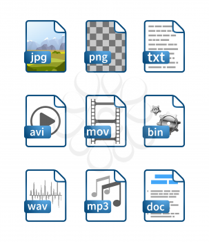 Set of simple bright blue file icons with extensions isolated on white