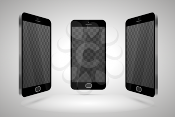 Three realistic glossy smartphones, mockup with transparent place for layout on light background