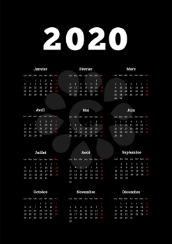 2020 year simple calendar on french language, A4 size vertical sheet on black