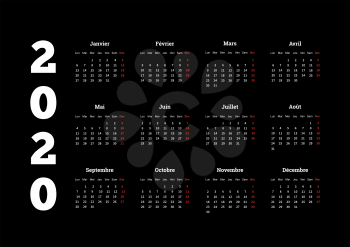 2020 year simple calendar on french language on black
