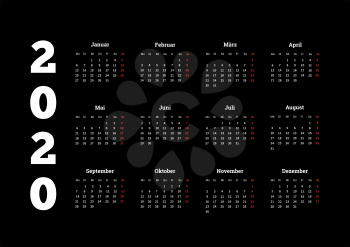 2020 year simple calendar on german language on black