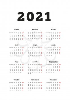 2021 year simple calendar in spanish, A4 size vertical sheet on white