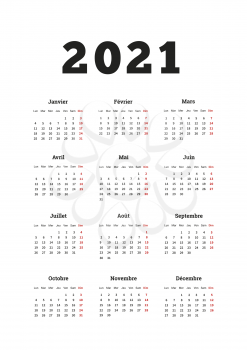 2021 year simple calendar on french language, A4 size vertical sheet on white
