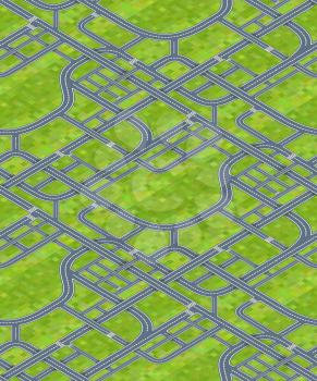 A lot of different road junctions on grass background, isometric seamless pattern