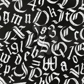 A lot of hand drawn gothic letters drawing with white chalk on black chalkboard, calligraphy seamless pattern
