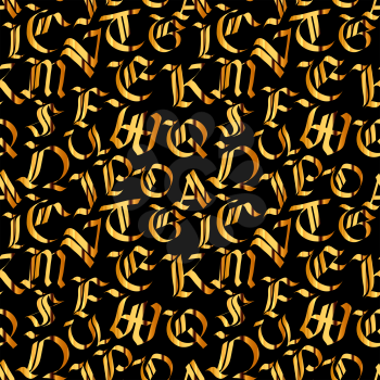 A lot of old golden gothic letters on black, fashion calligraphy seamless pattern