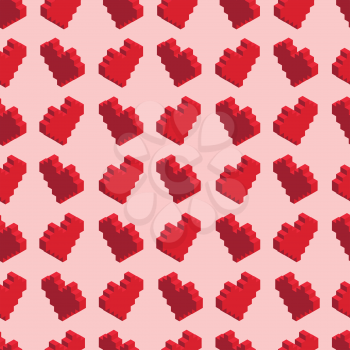 A lot of pixelated red hearts on pink background, seamless pattern