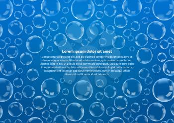 A lot of soap bubbles on blue with text, abstract background A4 size