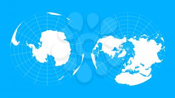 Arctic and antarctic globe hemispheres. World map in blueprint style