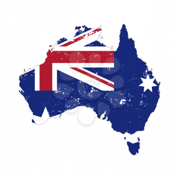 Australia country silhouette with flag on background on white