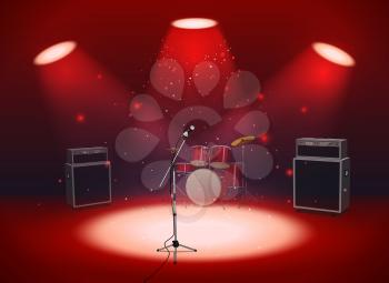 Bright empty scene with microphone, drum set and amplifiers in the light of spotlights on red background