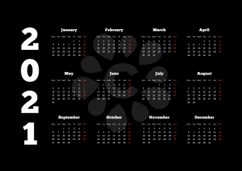Calendar of 2021 year with week starting from monday, A4 sheet on black