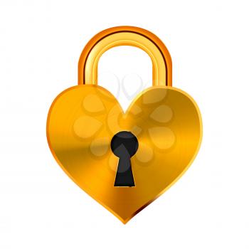 Closed realistic golden padlock in heart shape on white