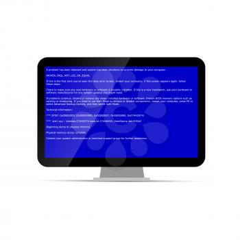 Computer display with BSOD error isolated on white. Operation system crash.