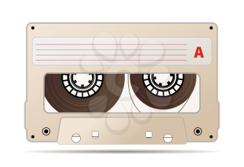 Beige audio cassette with magnetic tape, vintage object isolated on white