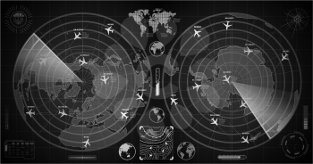 Detailed dark military radar with two displays with with planes traces and targets