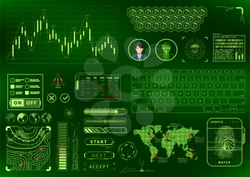 Futuristic bright green futuristic user interface concept with charts, diagrams, buttons and keyboards