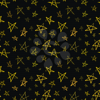 Golden hand-drawn stars on dark night sky, seamless pattern