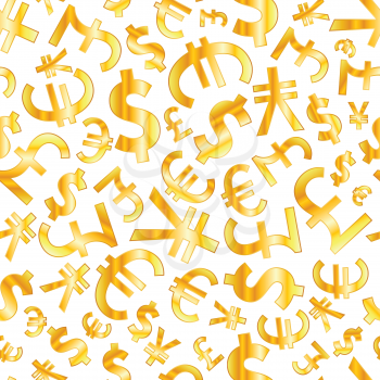 Golden signs of world currencies isolated on white background seamless pattern