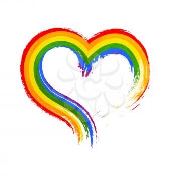 Grunge brush stroke with rainbow flag in heart shape, LGBT community sign on white