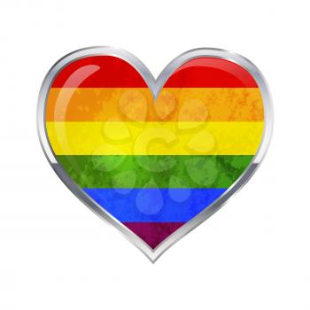 Heart shaped glossy icon with metallic border of LGBT flag isolated on white