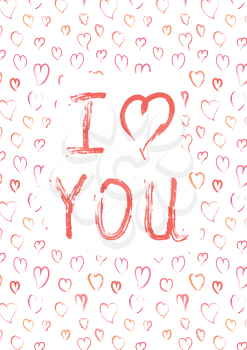 I love you, card with pink heards on white