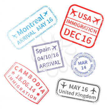 International travel visa stamps on white. Passport rubber stamp imprints