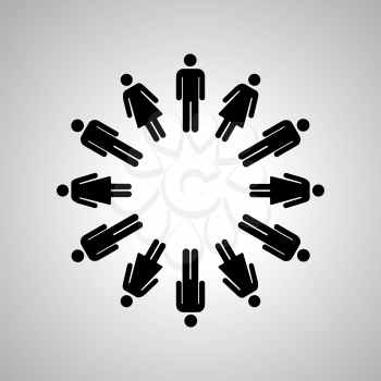 Man and woman silhouettes arranged in round dance, simple black human icons
