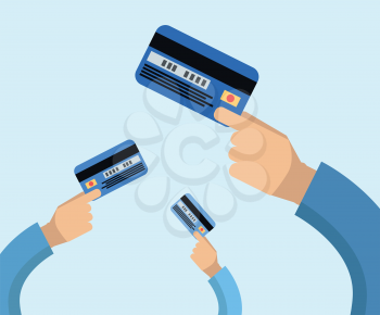 Many hands hold a credit cards flat illustration