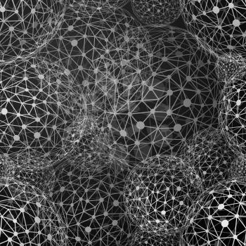 Neural connections metallic spheres on dark background, abstract seamless pattern