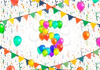 Number five made up from bright colorful balloons on white background with confetti