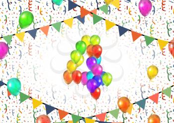 Number four made up from bright colorful balloons on white background with confetti