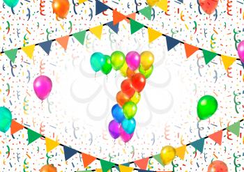 Number seven made up from bright colorful balloons on white background with confetti