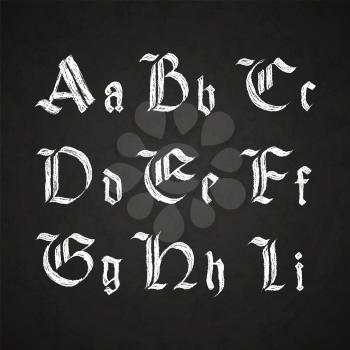 Old hand drawn gothic letters drawing with white chalk, A-I symbols on chalkboard