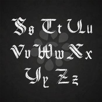 Old hand drawn gothic letters drawing with white chalk, S-Z symbols on chalkboard