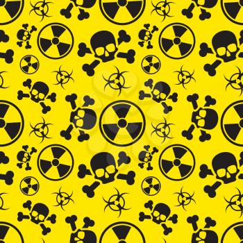 Radiation and biological hazard danger signs on yellow, warning seamless pattern