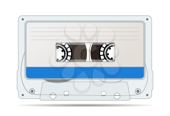 Realistic audio cassette with magnetic tape, vintage object on white