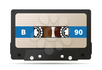 Realistic black audio cassette with magnetic tape, retro object on white