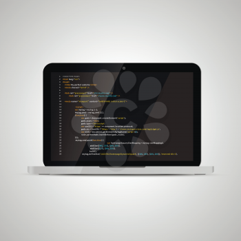 Realistic glossy laptop with simple website HTML code on dark background