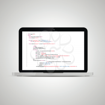 Realistic glossy laptop with simple website HTML code on white background