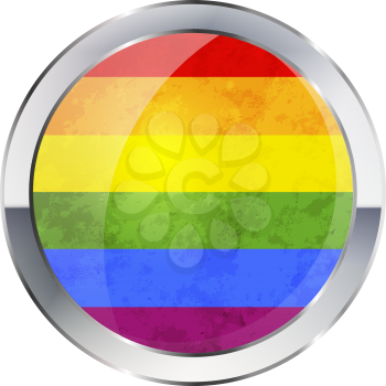 Round glossy icon with metallic border of LGBT flag isolated on white