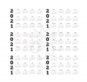 Set of 2021 year simple calendars on different languages like english, german, russian, french, spanish and chinese on white