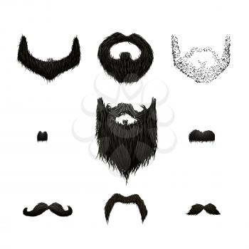 Set of detailed black mustaches and beards isolated on white