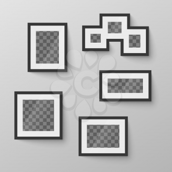 Set of different black blank picture frames with transparent place for photo in different proportions